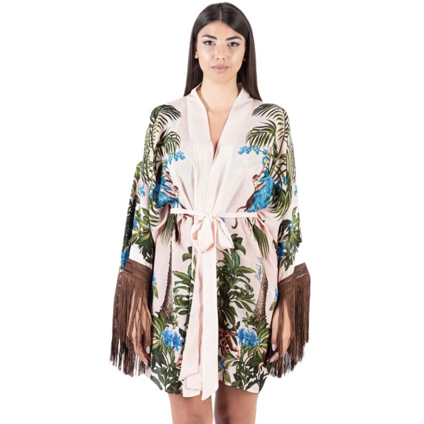 KIMONO CORTO CON FRANGIA ROSA